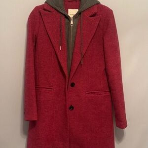 Avec Les Filles Red Trench Coat with Gray Hoodie
